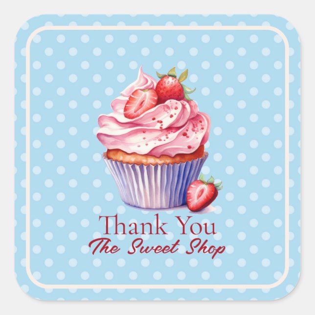 Adesivo Quadrado Editable Blue Bakery Thank You  | Cupcake Logo (Frente)