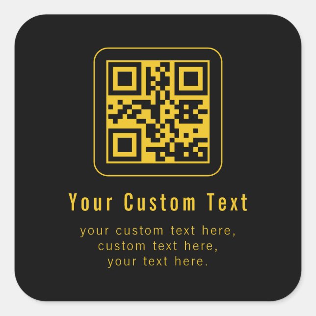 Adesivo Quadrado Editable QR Code & Text Template | Black & Gold (Frente)