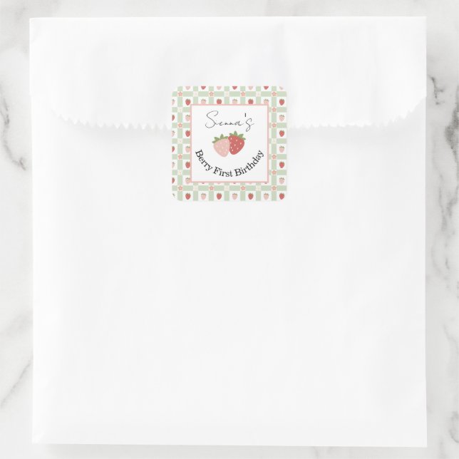 Adesivo Quadrado Editable Square Strawberry Gingham 1st Birthday  (Bolsa)