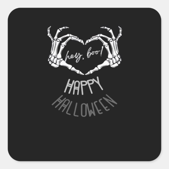 Adesivo Quadrado Ei, Boo! Feliz Halloween Skeleton Hand Heart Clas (Frente)