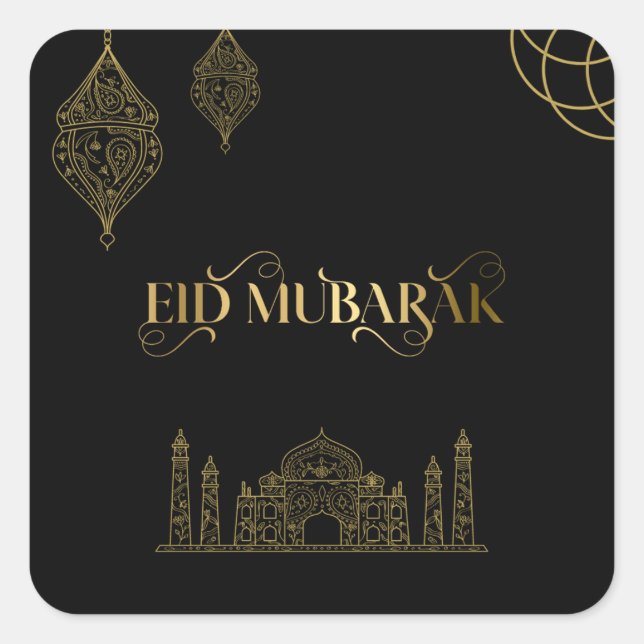 Adesivo Quadrado Eid Mubarak 2024 - Caligrafia Ouro (Frente)
