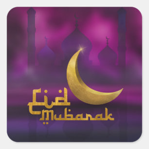 Adesivo Quadrado Eid Mubarak - Feliz Eid - Roxo e Dourado
