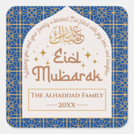 Adesivo Quadrado Eid Mubarak Feriado Islâmico Elegante Azul e Doura