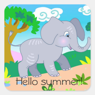 Adesivo Quadrado Elefante bonitinho de desenho no verão na natureza