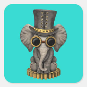 Adesivo Quadrado Elefante bonito Cub do bebê de Steampunk