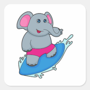 Adesivo Quadrado Elefante como surfista com surfboard