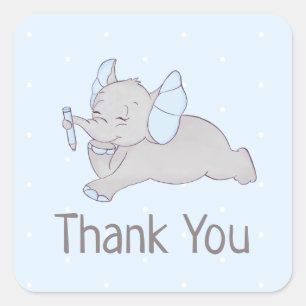 Adesivo Quadrado Elefante de bebê bonito com lápis azul