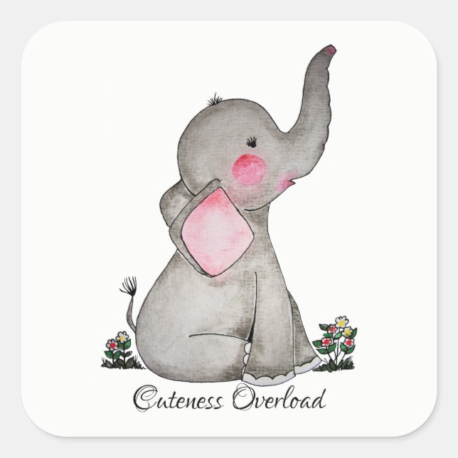 Adesivo Quadrado Elefante De Bebê Cuta De Aquarela Com Blush E Flor (Frente)