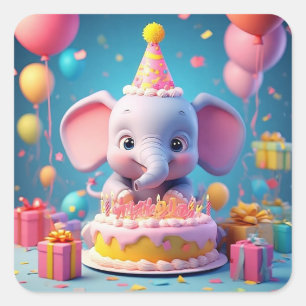 Adesivo Quadrado Elefante de Cartoon Adorável Celebrando Aniversári