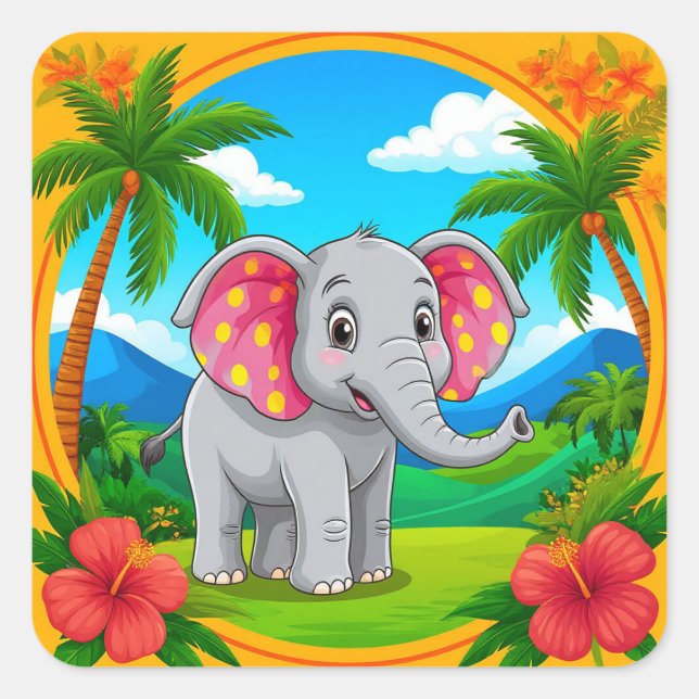 Adesivo Quadrado Elefante de Cartoons Coloridos na Paisagem Tropica (Frente)