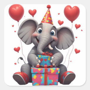 Adesivo Quadrado Elefante de desenho animado de aniversário com bal