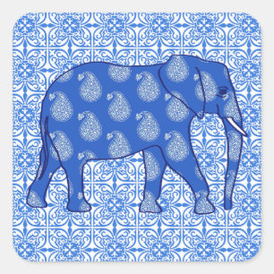 Adesivo Quadrado Elefante de Paisley - azuis cobaltos e branco