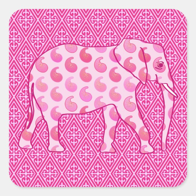 Adesivo Quadrado Elefante de Paisley - rosa-gelo e fuchsia (Frente)