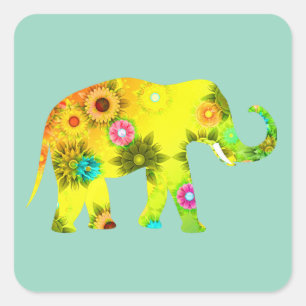Adesivo Quadrado Elefante em Estilo Cartoon Flores Vibrantes Divert