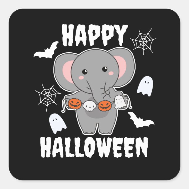 Adesivo Quadrado Elefante Feliz Halloween Pumpkin Bat Costume (Frente)
