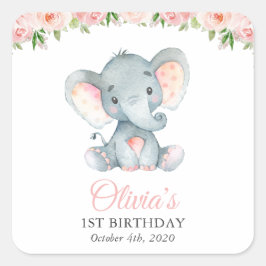 Adesivo Quadrado Elefante, Flores Aquarela Rosa, Primeiro Aniversár
