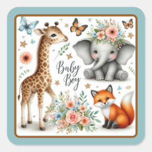 Adesivo Quadrado Elefante, Raposa e Girafa de Bebê Bonito