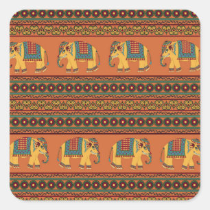 Adesivo Quadrado Elefantes Indianos, Laranja Tradicional Sem Costur