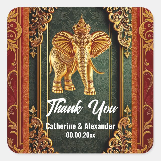 Adesivo Quadrado Elefantes índios burgundy ouro verde-floral asiáti (Frente)