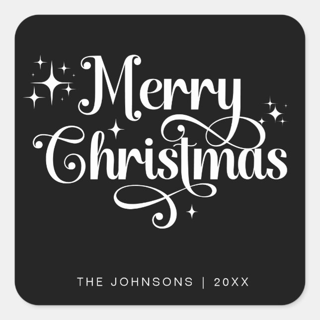 Adesivo Quadrado Elegan Black Merry Christmas Retro Script Personal (Frente)