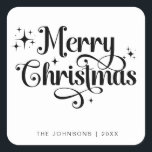 Adesivo Quadrado Elegan Black & White Merry Christmas Script Person<br><div class="desc">Espalhe a alegria de férias com um adesivo de Natal Retro Black e White Feliz! Este na moda e design chic apresentam um roteiro elegante em uma paleta clássica preto-e-branco. Perfeito para adicionar um toque festivo ao plástico de presentes, cartões de natal ou favoritos para festas. Crie seus autocolantes únicos...</div>