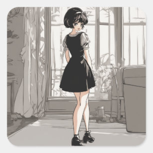 Adesivo Quadrado Elegância de Animação do Vintage Anime LBD Sticker