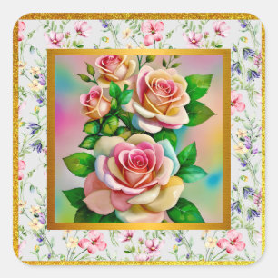 Adesivo Quadrado Elegância Rosas Rosa e Amarelo Aquarela Pastel