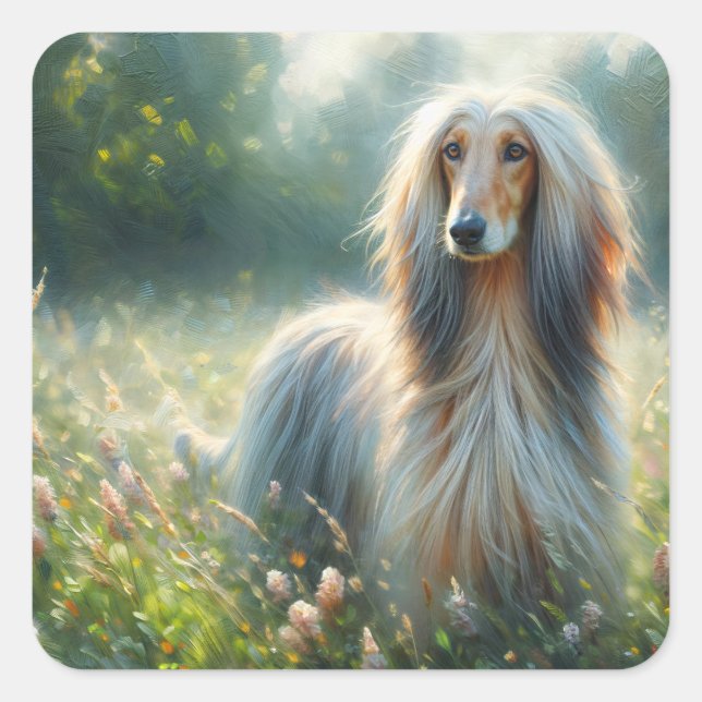 Adesivo Quadrado Elegant Afghan Hound – Floral Meadow Painting (Frente)
