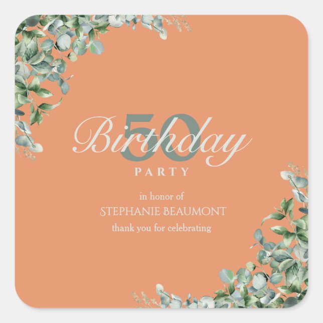 Adesivo Quadrado Elegant Autumn Green Flower Women's 50th Birthday  (Frente)