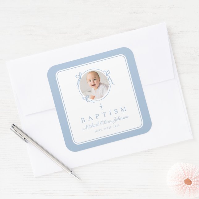 Adesivo Quadrado Elegant Baby Blue Boy Photo Baptism (Envelope)