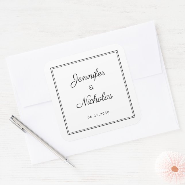 Adesivo Quadrado Elegant  Black And White Script Wedding (Envelope)