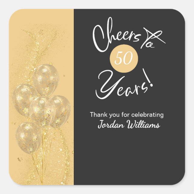 Adesivo Quadrado Elegant Black Cheers to 50 Years Birthday Party (Frente)