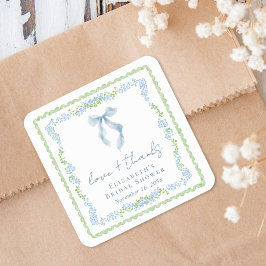Adesivo Quadrado Elegant Blue Bow Bridal Shower Agradecimento