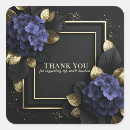Adesivo Quadrado Elegant Blue Hydrangea Black and Gold Leaf Floral