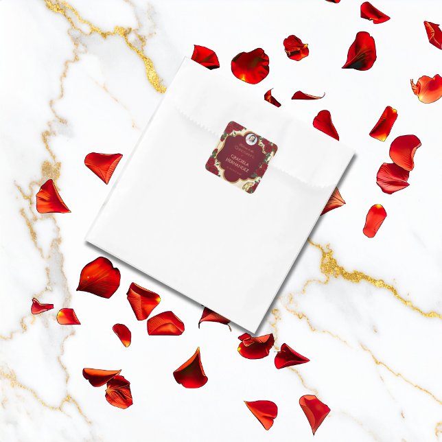 Adesivo Quadrado Elegant Burgundy Red & Gold Rose Quinceañera  (Criador carregado)