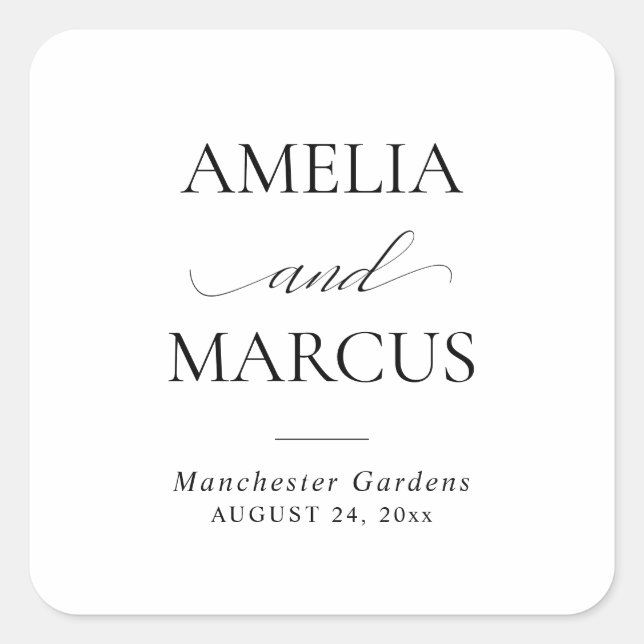 Adesivo Quadrado Elegant Classic Script Calligraphy Wedding (Frente)