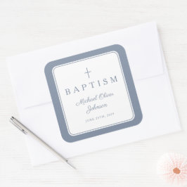 Adesivo Quadrado Elegant Dusty Blue Cross Boy Baptism 