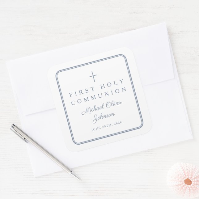 Adesivo Quadrado Elegant Dusty Blue Cross Boy First Communion  (Envelope)