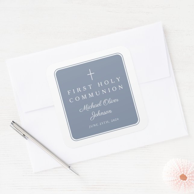 Adesivo Quadrado Elegant Dusty Blue Cross Boy First Communion  (Envelope)
