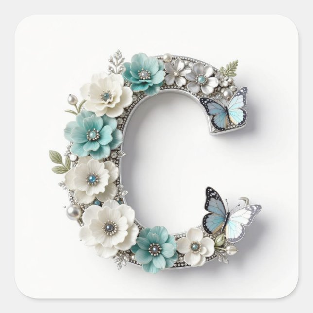 Adesivo Quadrado Elegant Floral Your Monogram C Paper Stickers (Frente)