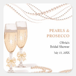 Adesivo Quadrado Elegant Gold Bow Pearls and Prosecco Bridal Shower