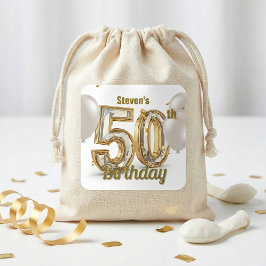 Adesivo Quadrado Elegant Gold Diamond 50th Birthday Party Balloons