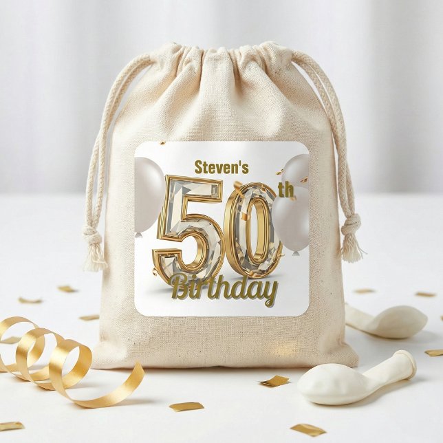 Adesivo Quadrado Elegant Gold Diamond 50th Birthday Party Balloons (Criador carregado)
