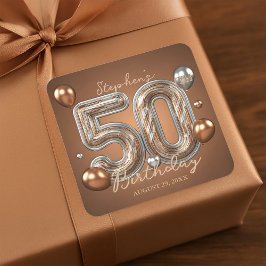 Adesivo Quadrado Elegant Golden Bronze Silver 50th Birthday
