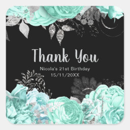 Adesivo Quadrado Elegant Green and Silver Flowers Birthday Party