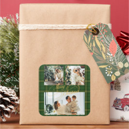 Adesivo Quadrado Elegant Green Tartan Family Photo Christmas