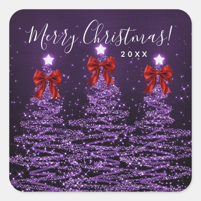 Adesivo Quadrado Elegant Holiday Purple Christmas Trees Bows Red  (Frente)