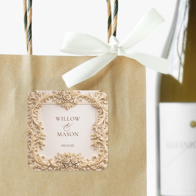 Adesivo Quadrado Elegant Ivory Floral Scroll Wedding  (Elegant Ivory Floral Scroll Wedding Square Sticker)