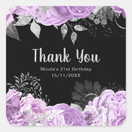 Adesivo Quadrado Elegant Lilac and Silver Flowers Birthday Party