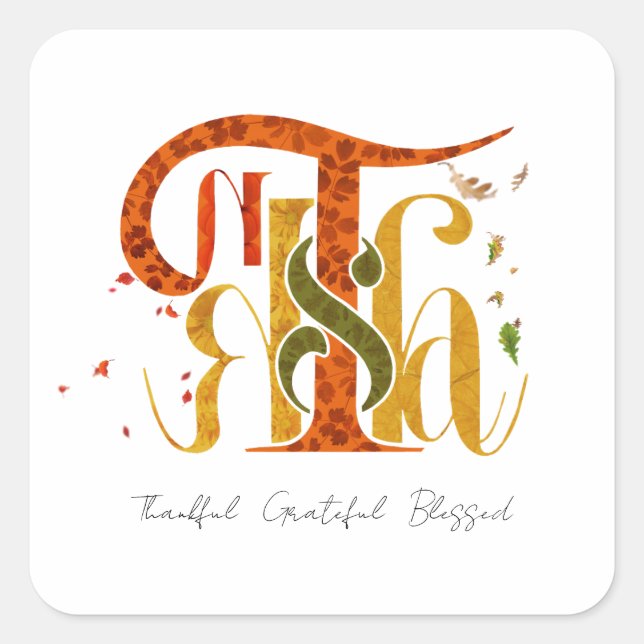 Adesivo Quadrado Elegant Manuscript Thanks Autumn Fall Foliage (Frente)